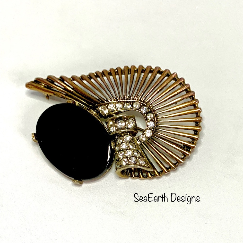 Vintage Art Deco Black and Rhinestone Brooch Pin